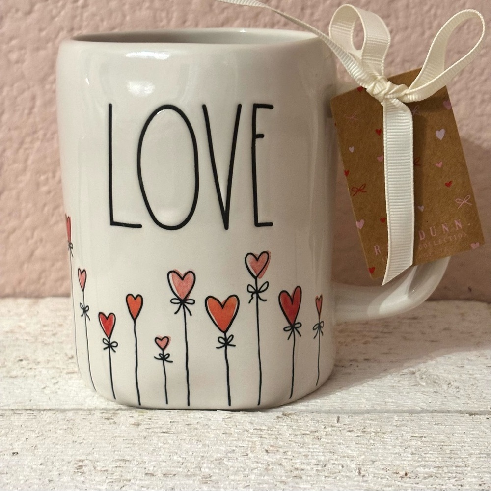 Rae Dunn LOVE Coffee Tea Mug Heart Shaped Flowers With Bows Valentine’s Day NEW